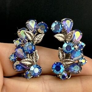 Vintage Clip On Earrings Silver Tone Blue Rhinestone AB
